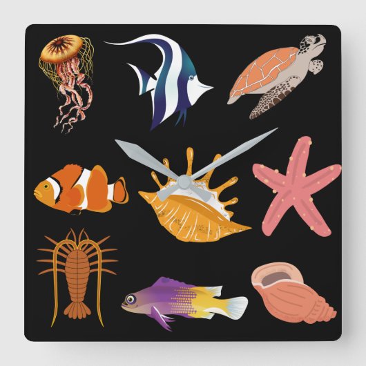 海洋動物:魚、亀、貝殻、クラゲ、 スクエア壁時計 (正面)