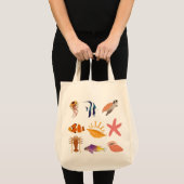 海洋動物：魚、亀、貝殻、クラゲ、 トートバッグ (正面(商品))