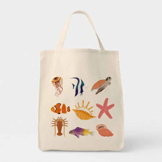 海洋動物：魚、亀、貝殻、クラゲ、 トートバッグ (正面)