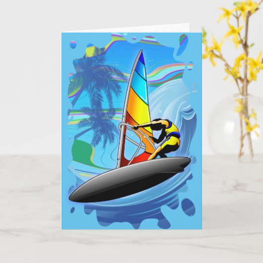 海洋波の挨拶状のウィンドサーファー カード (黄色い花)