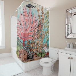 海洋生活海ピンクサンゴフィッシュカニシェルヴィンテージ シャワーカーテン