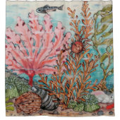 海洋生活海ピンクサンゴフィッシュカニシェルヴィンテージ シャワーカーテン (正面)