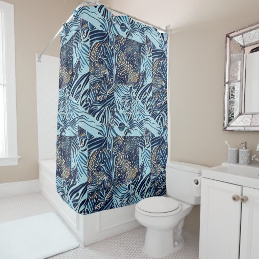 海洋生物と植物性抽象芸術パターンデザイン シャワーカーテン (インサイチュ)