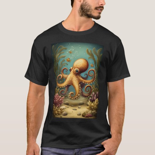海洋生物に囲まれたタコ Tシャツ (正面)