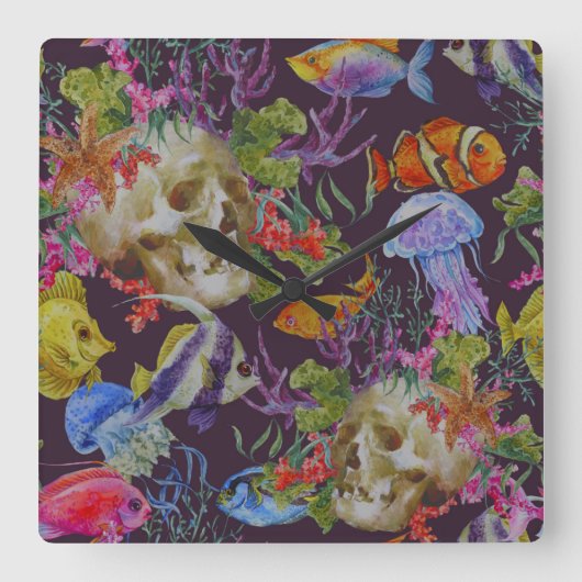 海洋生物のグランジなパターン スクエア壁時計 (正面)