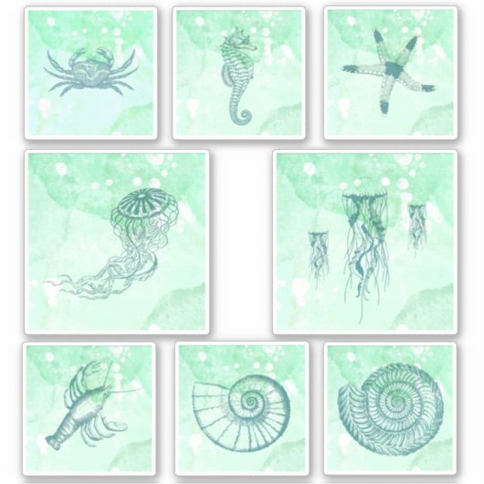 海洋生物の水彩ステッカーセット シール (正面)