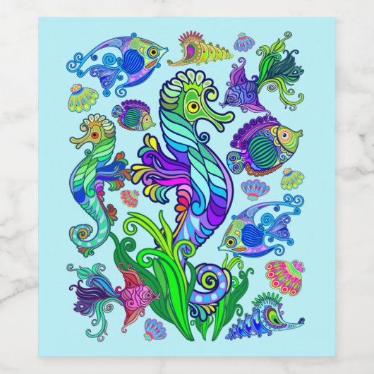 海洋生物エキゾチックな魚と海馬 ワインラベル (シングルラベル)