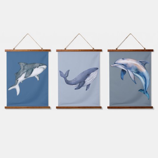 海洋生物ホエールドルフィンシャーク子供部屋アートウォーターカラー 吊り下げ型タペストリー (トリプル)