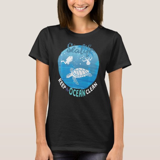 海洋生物保海クリーン亀タンクシータコ Tシャツ (正面)