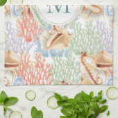 海洋生物，水中カラフルモノグラム キッチンタオル (折り畳み)