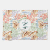海洋生物，水中カラフルモノグラム キッチンタオル (横)