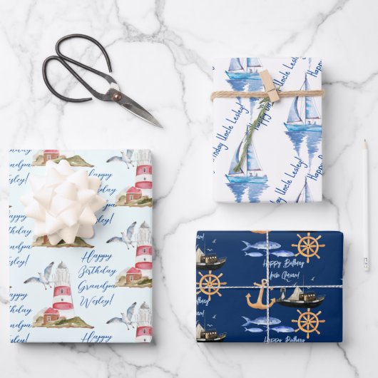 海洋航海の帆走テーマ男おじいちゃんパパ ラッピングペーパーシート (正面)