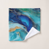 海洋調和：コバルトとティール（緑がかった色）のブラシストローク バスタオルセット (ウォッシュタオル)