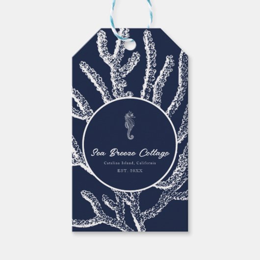 海洋魔法:青と白のサンゴとシーホース ギフトタグ (正面)