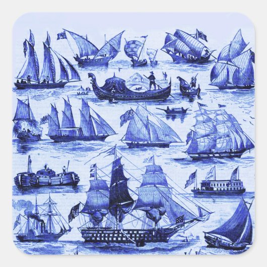 海洋、ヴィンテージ船、帆船、ネイビーブルー スクエアシール (正面)