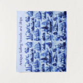 海洋、ヴィンテージ船、帆船、ネイビーブルー タペストリー (正面)