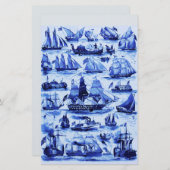 海洋、ヴィンテージ船、帆船、ネイビーブルー 便箋 (正面/裏面)