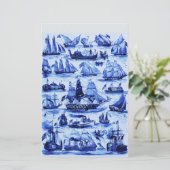 海洋、ヴィンテージ船、帆船、ネイビーブルー 便箋 (スタンド正面)