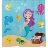 海海の友人かわいい漫画の人魚と宝 シャワーカーテン (正面)