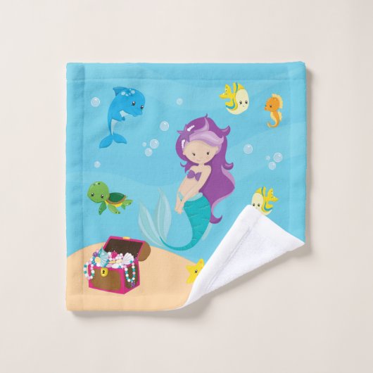 海海の友人かわいい漫画の人魚と宝 バスタオルセット (ウォッシュタオル)