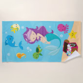 海海の友人かわいい漫画の人魚と宝 ビーチタオル (正面)