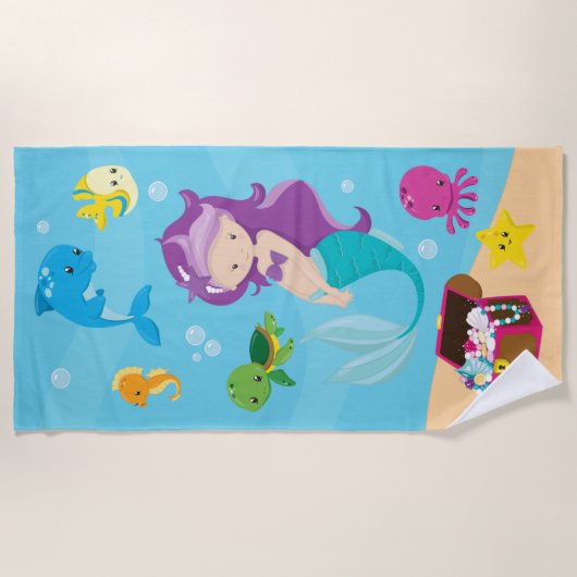 海海の友人かわいい漫画の人魚と宝 ビーチタオル (正面)