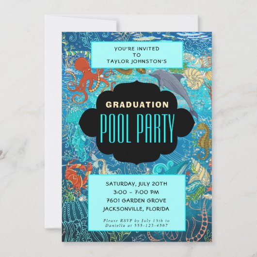 海海洋生物の卒業プールパーティー 招待状 (正面)