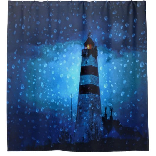 海灯台は水滴を伴う濃い青い夜 シャワーカーテン (正面)