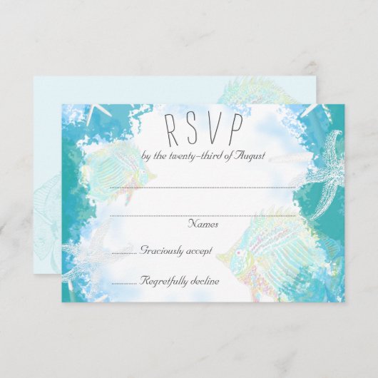 海熱帯魚の返信結婚カードの下で 出欠カード (正面/裏面)