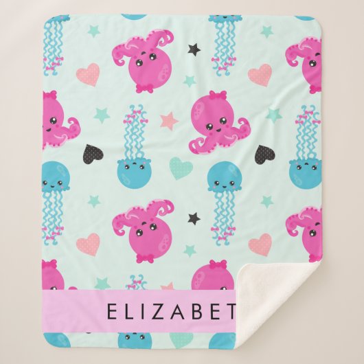 海獣，タコ，クラゲ，ハート，お名前 シェルパブランケット (正面)