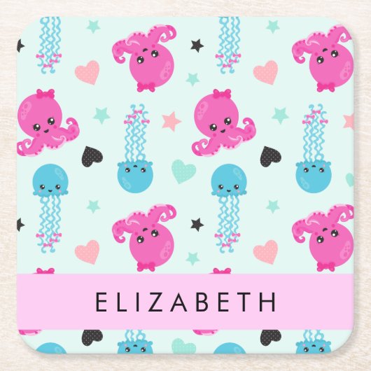 海獣，タコ，クラゲ，ハート，お名前 スクエアペーパーコースター (正面)
