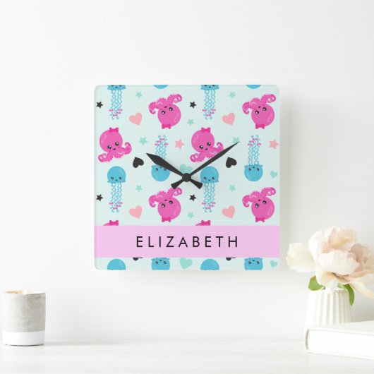海獣，タコ，クラゲ，ハート，お名前 スクエア壁時計 (ホーム)