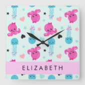 海獣，タコ，クラゲ，ハート，お名前 スクエア壁時計 (正面)