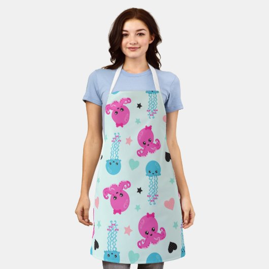 海獣，海生物，タコ，クラゲ，ハート エプロン (着用した状態)