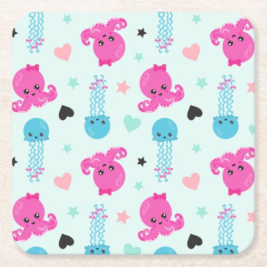 海獣，海生物，タコ，クラゲ，ハート スクエアペーパーコースター (正面)