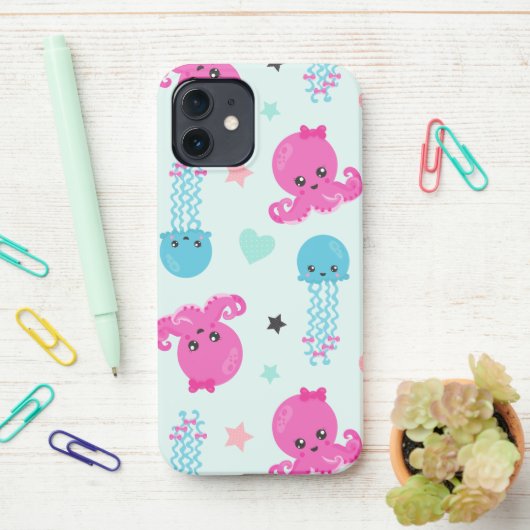 海獣，海生物，タコ，クラゲ，ハート iPhoneケース (デスク上)