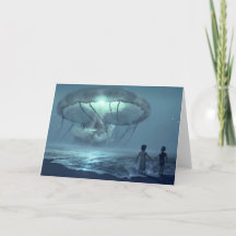 海白熱［赤熱］光を放つブルーファンタジーの上にクラゲの雲
