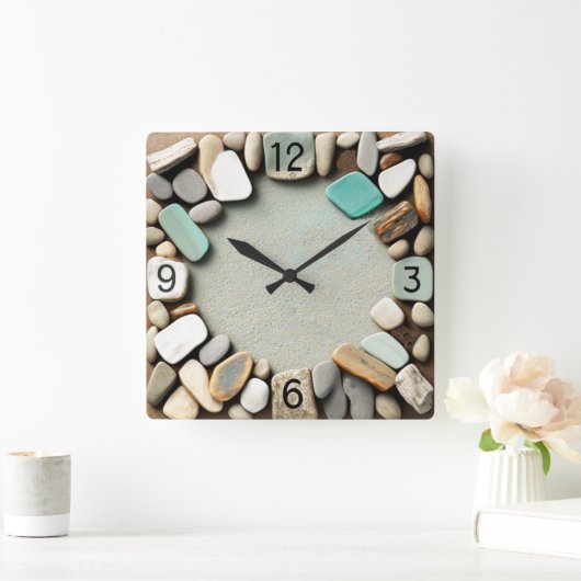 海石と海ガラス流木 スクエア壁時計 (ホーム)