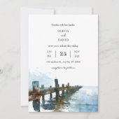 海素朴木製桟橋の水彩ビーチ結婚式 招待状 (正面)