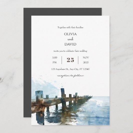 海素朴木製桟橋の水彩ビーチ結婚式 招待状 (正面/裏面)