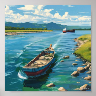 海絵を描の中のボートの壁と船の上 ポスター