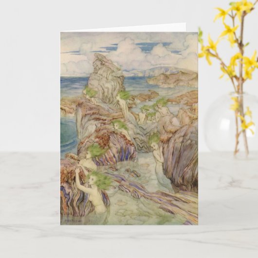 海緑の毛を搭載する人魚 カード (黄色い花)