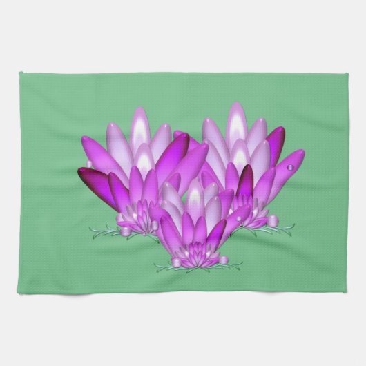 海緑の背景にピンクの蓮の花 キッチンタオル (横)