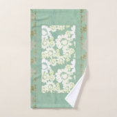 海緑風呂タオルに白い花 バスタオルセット (ハンドタオル)