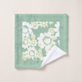 海緑風呂タオルに白い花 バスタオルセット (ウォッシュタオル)