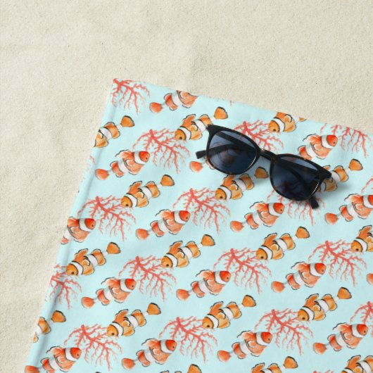 海老の海の魚のサンゴの水彩模様 ビーチタオル (インサイチュ)