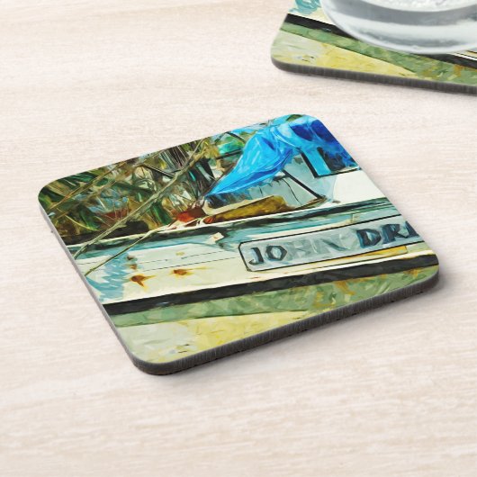 海老ボートのジョンが抽象芸術印象主義を描いた コースター (左側)