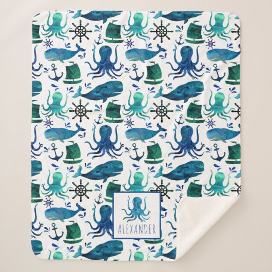 海航海のタコの下の青い水色 シェルパブランケット (正面)