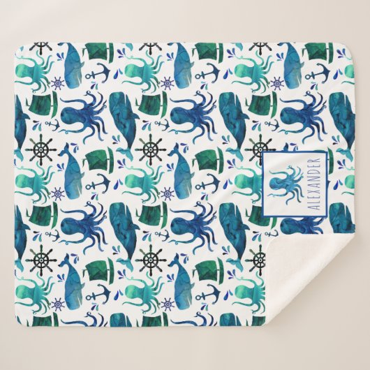 海航海のタコの下の青い水色 シェルパブランケット (正面(横))