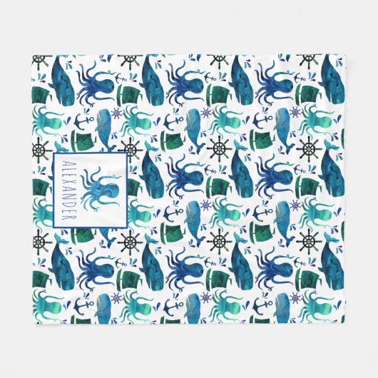 海航海のタコの下の青い水色 フリースブランケット (正面(横))